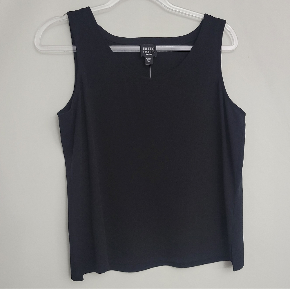 NWT Eileen Fisher $128 Silk Georgette Crepe Shell Black Size Petite Small - Picture 2 of 10